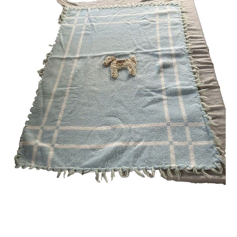 Vintage Baby Pepperell Blue White Crib Blanket dog Fringe Edge